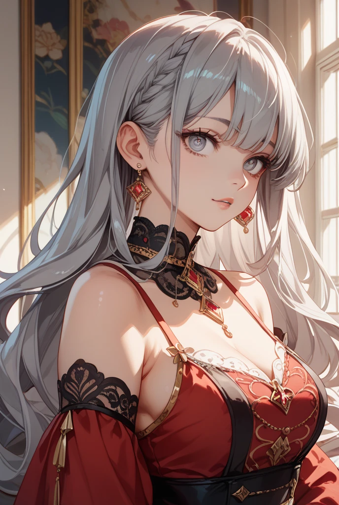 (best quality:1.1), (Masterpiece:1.2), lady, Shiny white hair, red eyes, long hair, ใบหน้าbeautiful, luxary dress, Big breasts, beautiful, collarbone, open chest, Bright face,  Royal high, hall background, ริมฝีปากอมชมพู, เครื่องประดับหรูหรา ((Highest quality, Best Performance, Maximum details, Light and shadow details:1.2, 4k details))