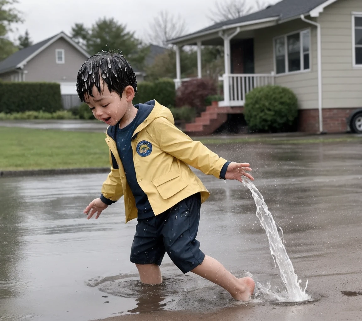 Create UHD photorealistic realistic photo, no animation, no 3D image, no Pixar style animation, no extra fingers. 20-month-old French-Vietnamese boy named Marin, gleefully splashing in a puddle with paper boats. Nikon Z9 with 24-120mm f/4 lens. Overcast natural lighting after rain. Lifestyle documentary style.
