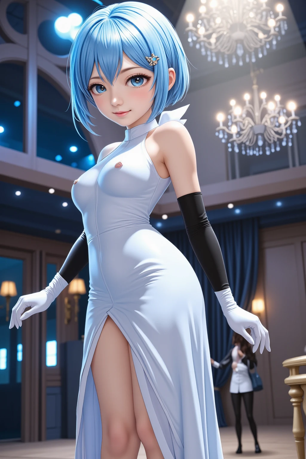 Upper Body,Solo Woman,Stand Alone,Blue Mermaid Dress,Jewelry,Hand Gloves,(Neck Decorations)Earrings