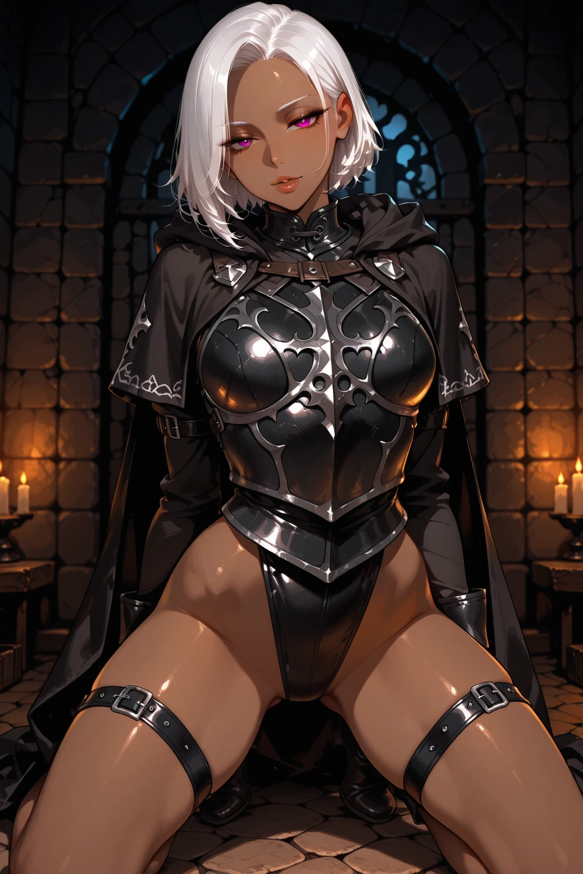 White hair, young girl, on her knees, bikini armor, cut across chest, torn bikini, beautiful female, pale skin, defeated knight, puffy nipples, erect nipples