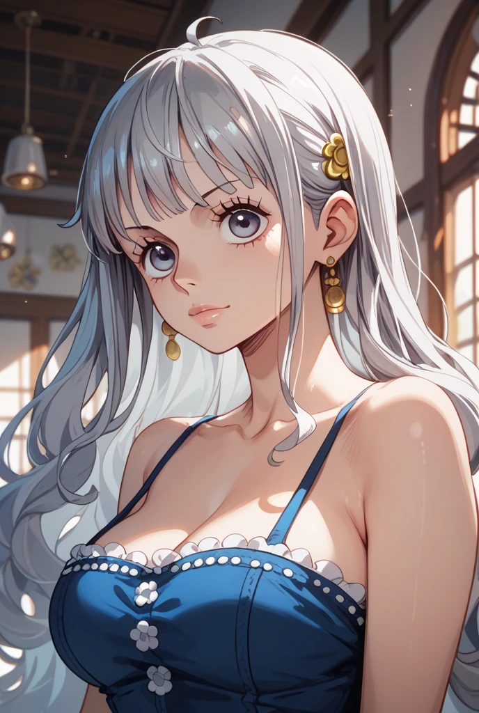 ultra realistic 8k cg, masterpiece, ((ultra detailed background, delicate pattern, intricate detail)), (highly detailed, fine details), best quality, 1girl, (photorealistic:1.4),beautiful lighting, absurdres, RAW photo, film grain, ((bih breasts, slim girl)), 1girl, MeiMei, solo, long hair, braid, dress, hair over one eye, smile, braided bangs, bikini, earrings