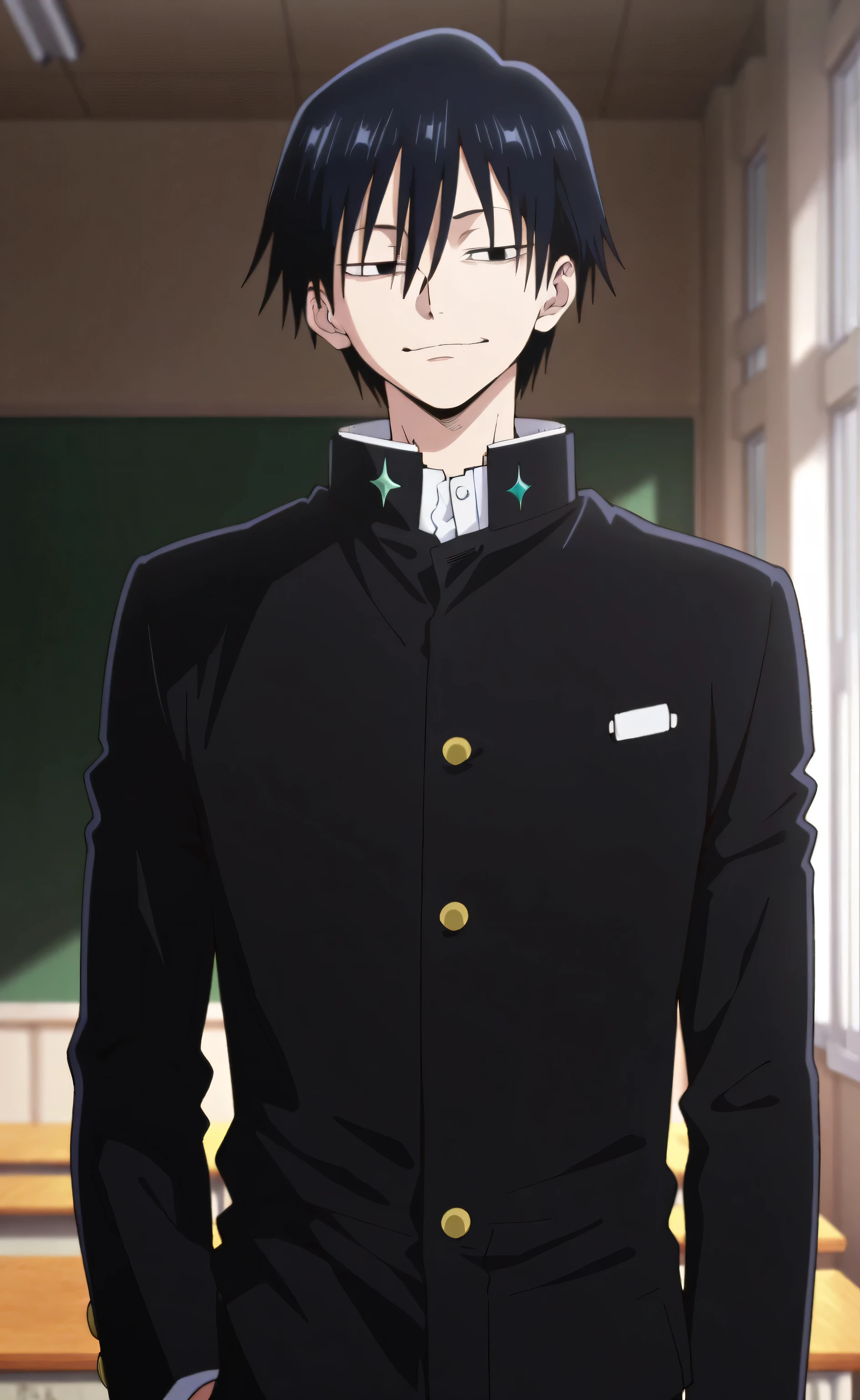 1male,solo,Touji Fushiguro,short hair,hair between eyes,bang,black eyes,cool face,thug,black gakuran,classroom,