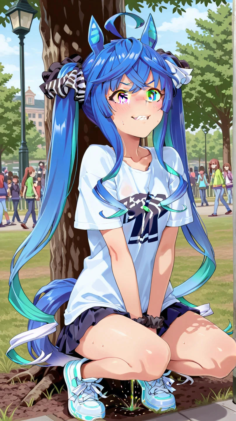 masterpiece, best quality, highres, mlpdash, colored skin, blue skin, rainbow hair, purple eyes, cum, cum on mouth, <lora:Cumontongue:1> , <lora:mlp_rainbowdash:0.8>, looking at viewer, oasis, palm trees, shimmering pool, desert refuge , <lora:add_detail:0.3>