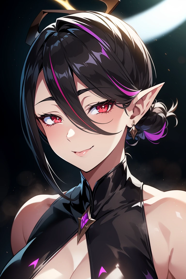 brunette color hair, short ponytail hair, widow peak, angelic halo, demonic horns, Multicolored eyes, pointy ears, ssmile, Young person, concept-art, hentail realism, lightand shade contrast, Anatomically correct, ctextured skin, futanari, penis, precum, bulge,