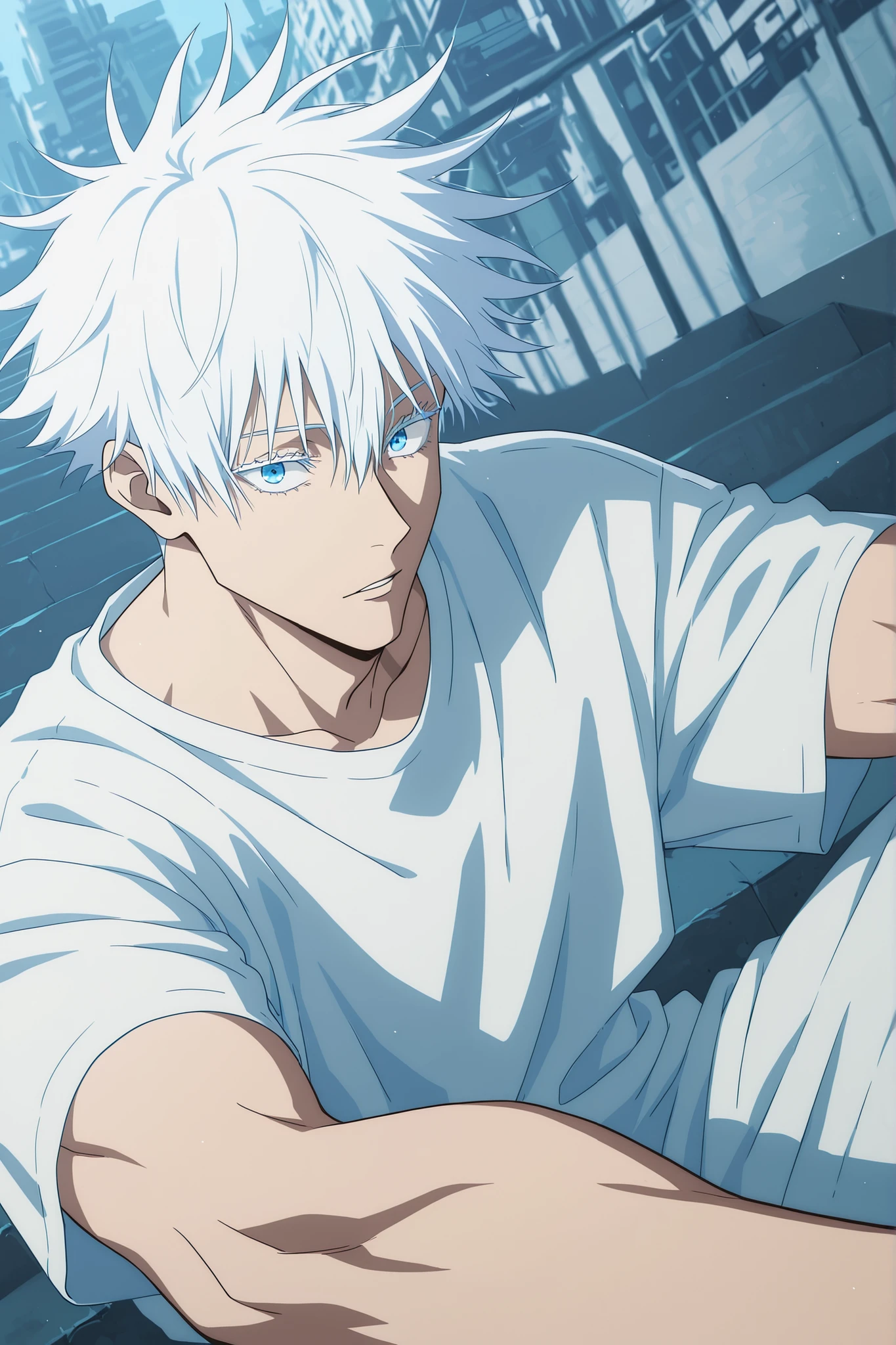 anime style, anime coloring, anime screencap, (jujutsu kaisen style:1.2), official style, (masterpiece, best quality), amazing quality, very aesthetic, absurdres, highres, newest, HDR, 8K, intrinsic light, luster, shiny color, strong coloring, masterful shading, high contrast, extremely detailed face and eyes, beautiful face and eyes, city background, dynamic pose, foreshortening, sitting on stairs, dynamic angle, cinematic, cinematic lighting, cinematic shadows, big anime eyes, beautiful eyes, expressive eyes, bright eyes, long eyelashes, BREAK 1boy, male focus, gojou satoru \(jujutsu kaisen\), white hair, short hair, (hair between eyes), blue eyes, long eyelashes, (white eyelashes), muscular, toned body, wide shoulder, sexy man, handsome, hansome face, mature male, cool, streetwear, cool_man_style, cool man, stylish man, handsome man, male cool clothes, cool fashion, intricate clothes, intricate accessories, intricate patterns, cool, stylish,