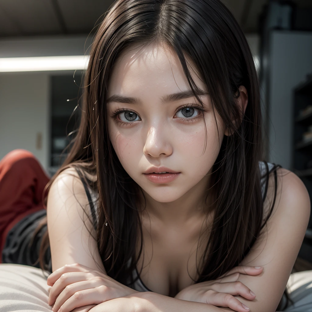 nsfw, science fiction, (highest quality, photorealistic, super detailed, background blur: 1.2), girl kidnapped by aliens, (, thin chest: 1.5), prison in a spaceship, restraint, confinement, torture,