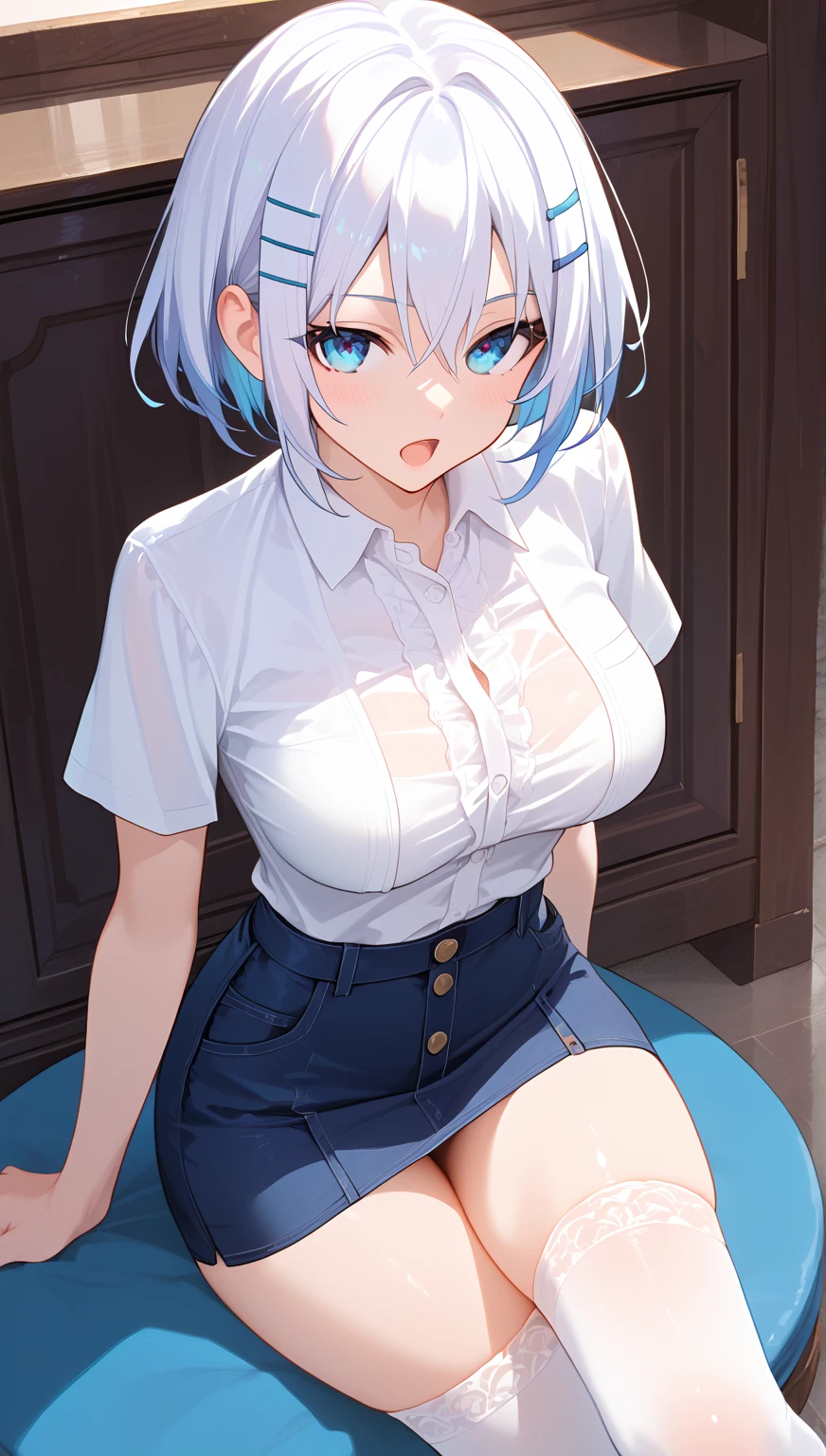 masterpiece, 1 loli, solo, (uzakihana: 1.1), (smile: 1.3), fangs, (blue skirt, white long sleeve, clothes written: 1.2), (open mouth: 1.2), street, city, (gigantic breasts: 1.2)