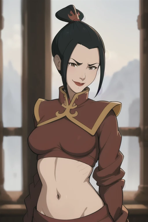  (anime), cartoon, detailed, azula, 1girl, solo, short hair, black hair, hair ornament, ponytail,  brown eyes,  lipstick,  red lips, sfw, no clothes, breasts out, nipples visible, no bra, bra less, mature, art by greg rutkowski and artgerm, soft cinematic light, highly detailed, (depth of field:1.4), soft light, sharp, exposure blend, medium shot, bokeh, (hdr:1.4), high contrast, art [[by jordan grimmer]], closeup, happy face, smiling, blushing, shy, proud, posing, upper body, naked portrait, nude photography, shiny nipple, show armpit 