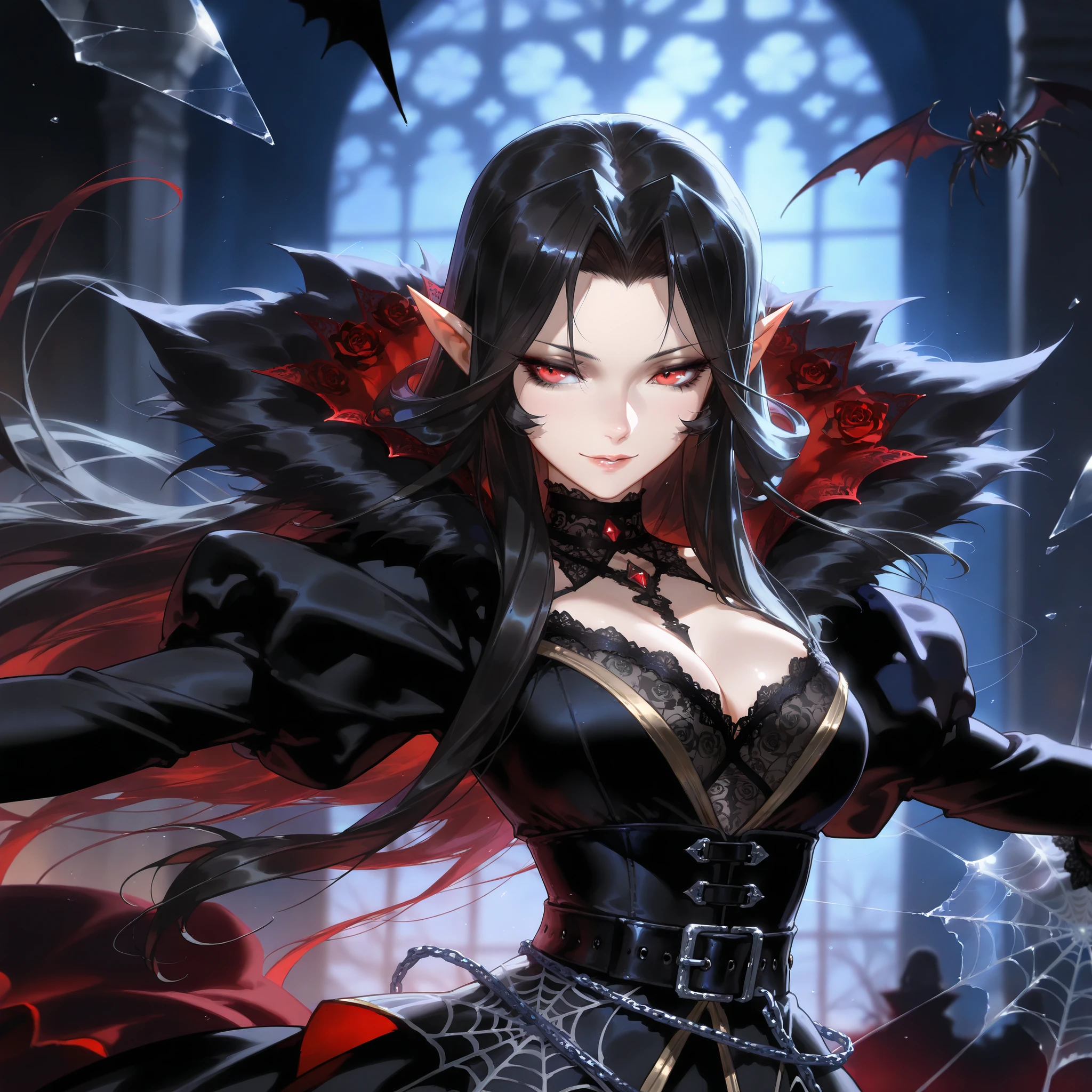 "((close up potrait)), Dark fantasy, gothic style, beautiful vampire queen, wearing a gothic-style dress, (with a bloodthirsty smile and blood on the face and body), and a blood moon in the background. The scene is set in a gothic castle with lots of shadow small bats, emphasizing the pale skin and glowing eyes."