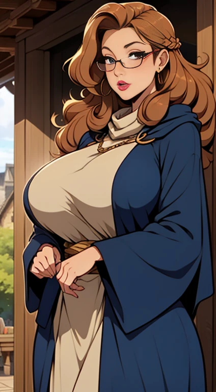 (bear ear, bear tail), heavy busty, bear , angry, curly hair, brown, medieval clothes, medieval background