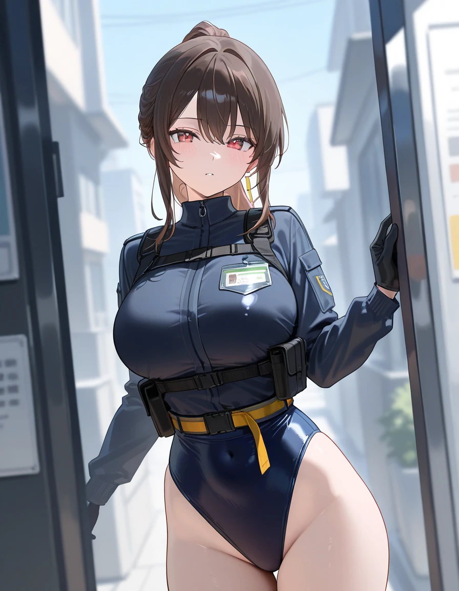 1girl, solo, masterpiece, best quality, police uniform, leotard, bare legs