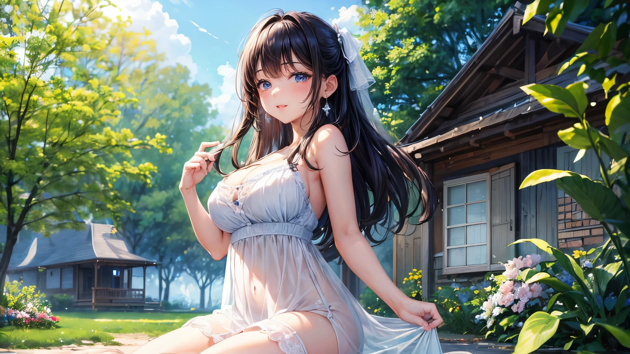 very cute and beautiful girl,frilled white sun dress with detailed lace,(skirt lift,white panties),
(highly detailed beautiful face and eyes:1.2),cowboy shot,(smile),black hair,flower crown,
(standing by water spring in forest),fog,fantastic stone monument,detailed landscape,
(best quality,masterpiece:1.2),absurdres,highres,ultra-detailed,extremely detailed,32k,8k resolution,
intricate details,cinematic scene,detailed background,solo,dynamic angle,
cinematic lighting,dim light,hair fluttering in the wind,
