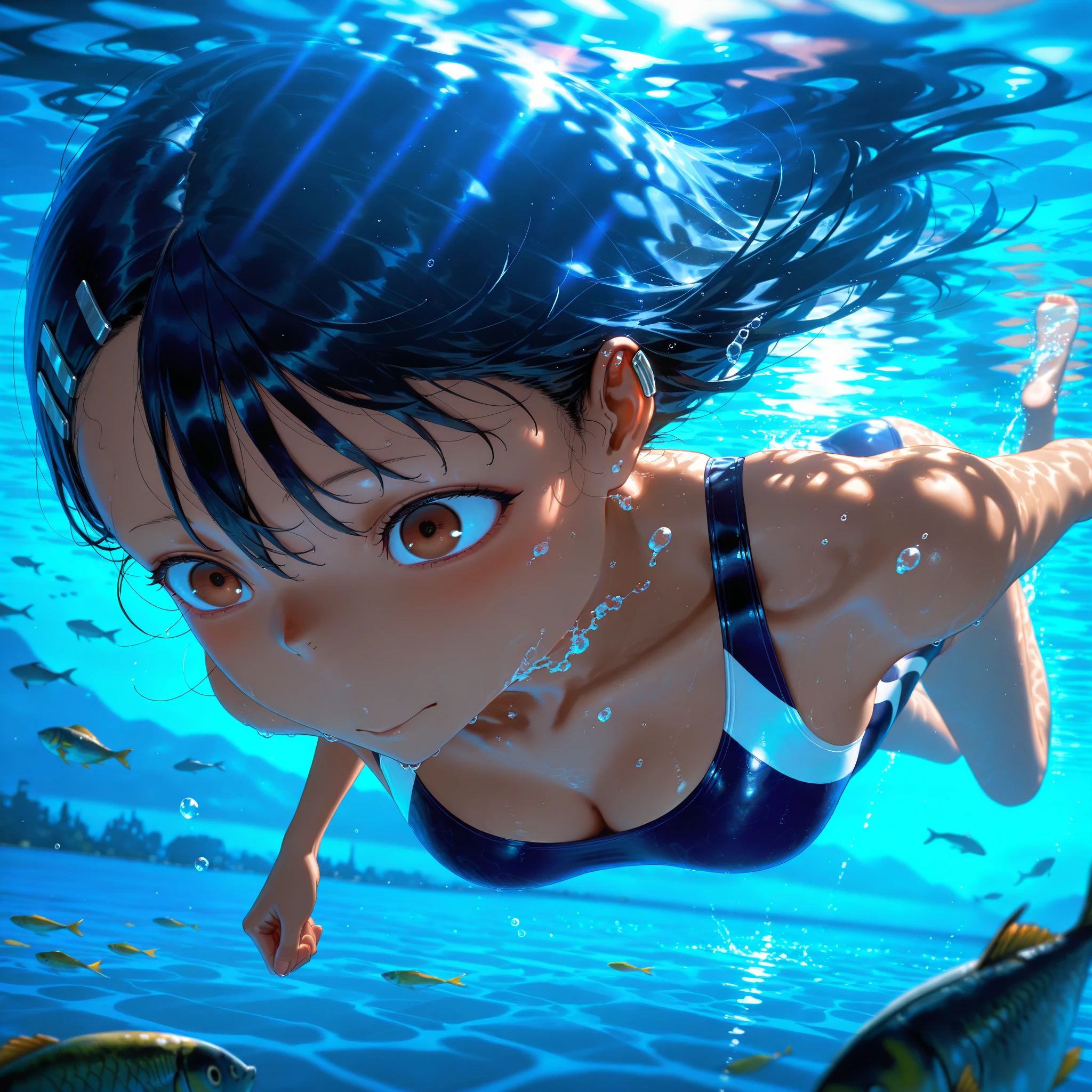 girl swimming in the middle of the ocean high resolution realistic. view from under the water and behind her. she is whip-kicking to tread water