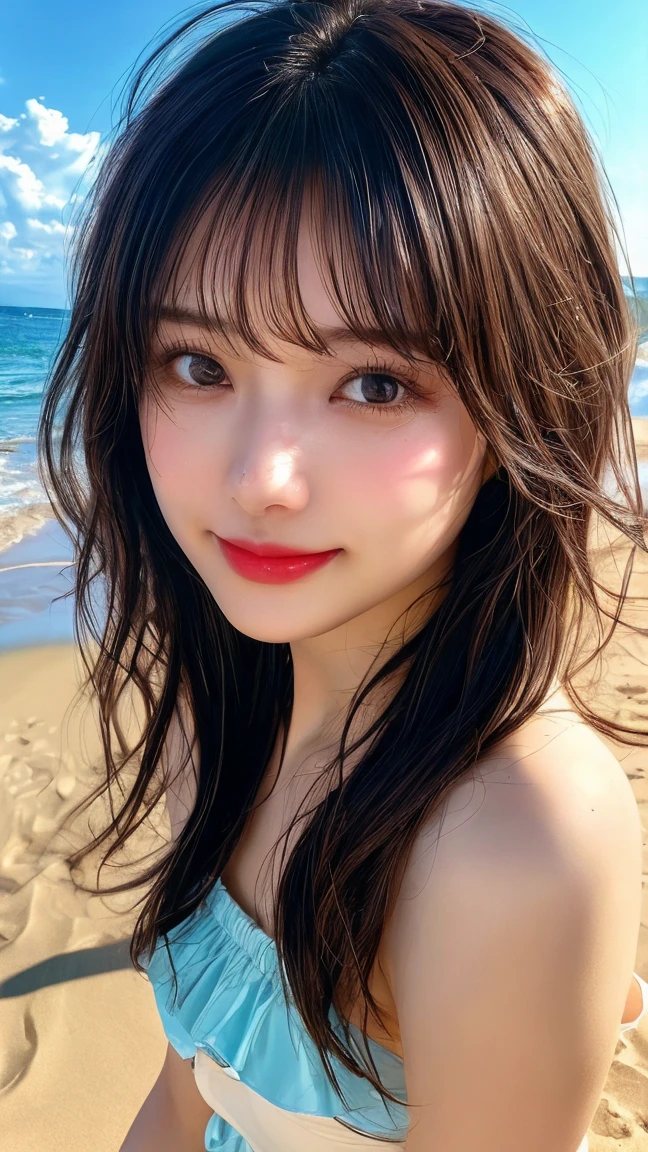 Tabletop, Highest quality, figure, Super detailed, In detail, High resolution, 8k wallpaper, Perfect dynamic composition, Beautiful attention to detail, Random color bikini, Random cute hairstyles, Medium chest, Natural color lip,Beach, Random and cute poses,