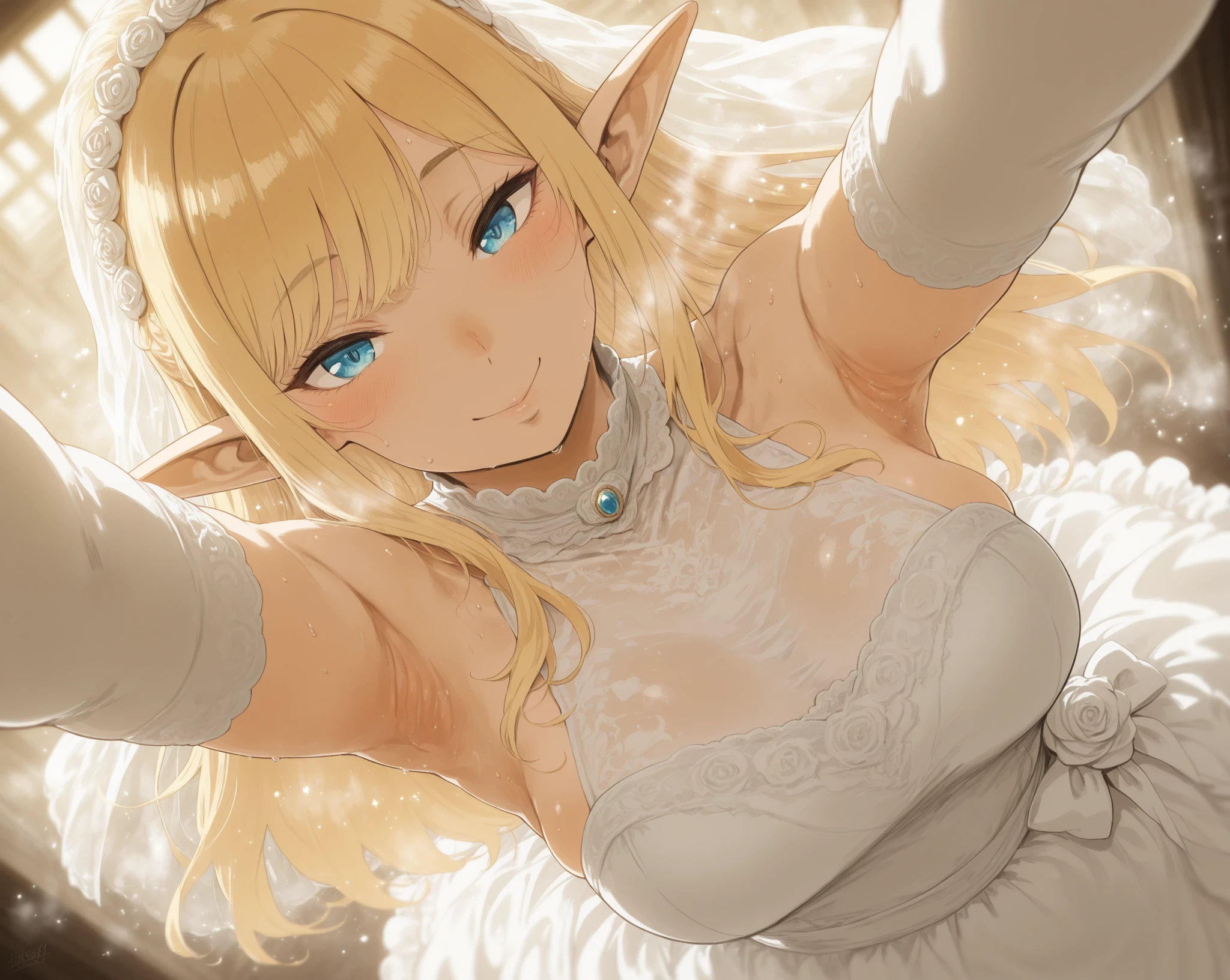 (masterpiece, best quality:1.2) intricate details, winter wonder soraka, 1girl, single horn, fur-trimmed dress, bare shoulders, earrings, blonde hair, pointy ears, smile