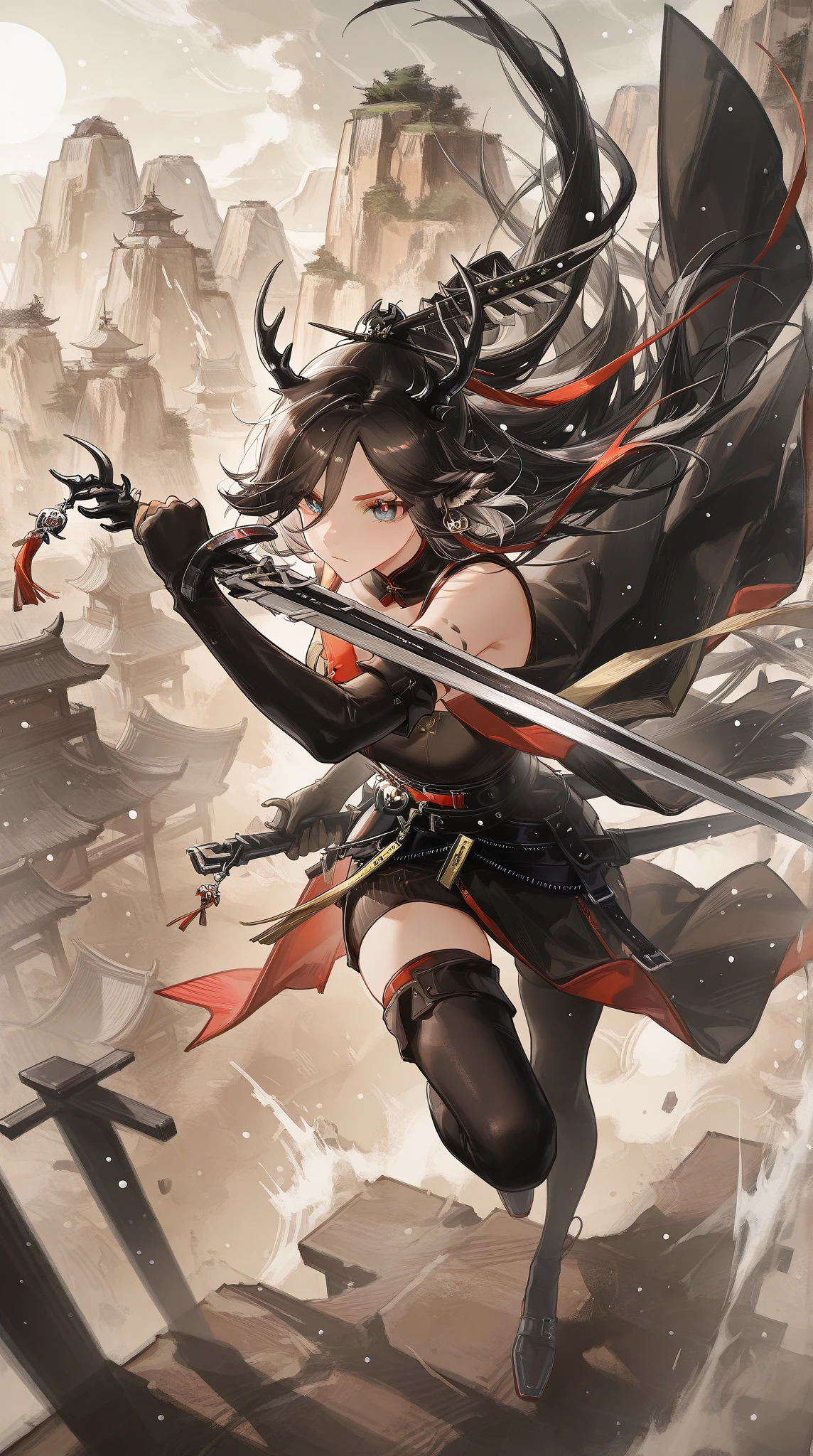 (fantasy illustration:1.5), (One:1.2), (anime,8 K,masterpiece, top quality, Best quality,beautiful and aesthetically pleasing:1.2,professional illustration:1.1,ultra detail:1.3,perfect lighting), extremely detailed, as detailed as possible, incredibly absurd, a high resolution, ultra detailed, difficult:1.6, (girl), very detailed beautiful face and eyes, beautiful hair, Bob Hair, blunt bangs, (black hair:1.4), (Red ribbon at the back of the head:1.2), ( Nakoruru Samurai Shodown Costume:1.2), guess the skin, (Abstract:1.2), cute, Climb up, (short stature,medium breast), A sense of speed, Dagger Master,