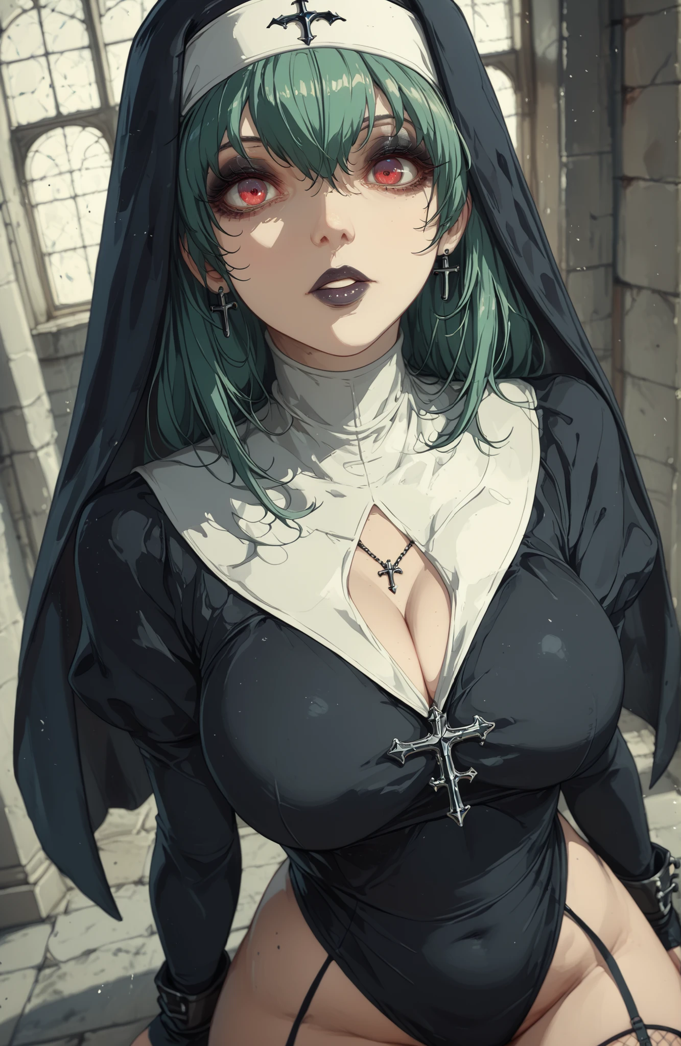 Wide Angle View , Solo, Gothic Girl, (Gothic Nun Clothes:1.3), Green Hair with Purple Highlights, ((busty)), red Eyes, Glittery Eyeshadow, Dark Lipstick, ((eye focus, breast focus, body focus, crotch focus, detail focus)), Gothic Attire, Fishnets, Combat Boots