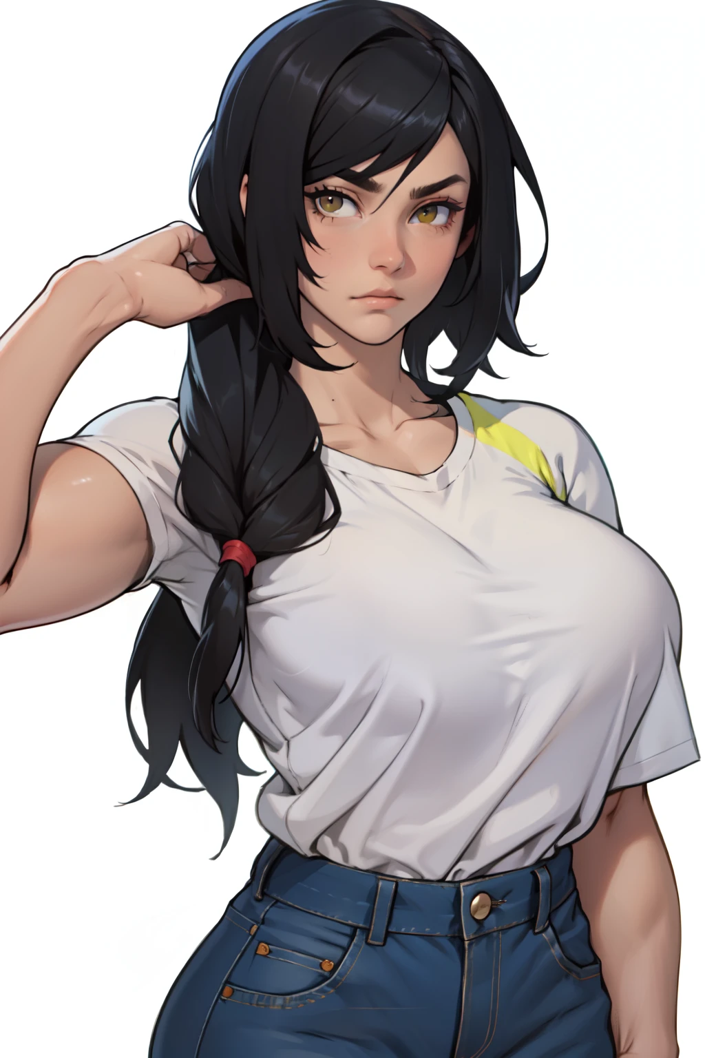 huge breasts pale skin very long hair black hair yellow eyes ((((((1 girl)))))) (((((muscular))))) (raising_shirt)