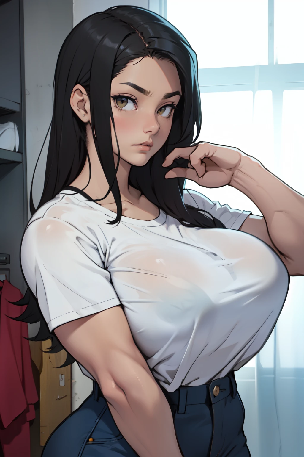 slender girl thick muscular girl black hair yellow eyes pale skin sad girl sad massive breasts