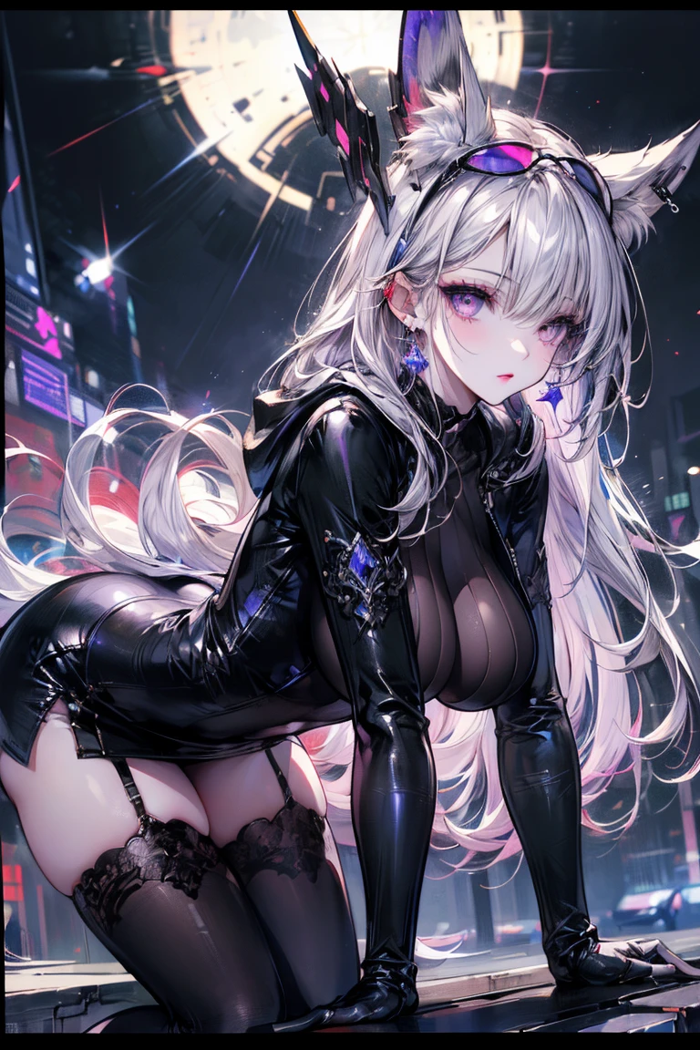 one woman, fox ears, fox tail, silver hair, green eyes, big breasts, leather, see-through, pantyhose, leather dress, bodysuit, mature lady, tall person, wide hips, big ass, sexy,