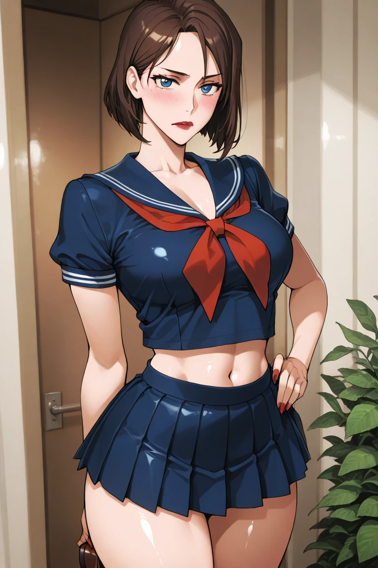 1 Anime girl in school costume posing seductively for the camera, chest grabbing, hand on chest, beautiful  face, (big fit ass , big fit ass butt, curved), (touching the chest, peito apertado),