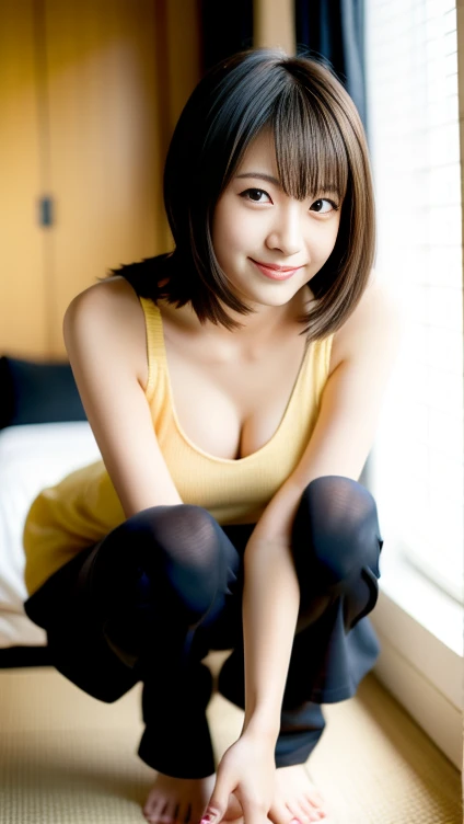 (highest quality:1.5)、(Real:1.5)、(1 person:1.5)、(Crawling posture), (On all fours), Very detailed、High resolution、8k、Small breasts、Natural color lips、Cute smile、Japanese women、20 year old girl、Thin eyebrows、Beautiful and elegant face、cute顔、cute目、Big Eyes、Fair skin、 Beautiful and elegant face、Natural Bangs、Beautiful and thin nose、Beautiful Skin、Medium Bob Hair、Natural Bangs、Perfect and beautiful facial features、Slim face and figure、(cute表情でカメラを見つめる)、(Bright lighting)、Professional Lighting、(Front lighting)、Natural smile、Beautiful clavicle、Natural smile、cute、Rest your elbows on the floor、Place both knees on the floor、camisole、hot pants、