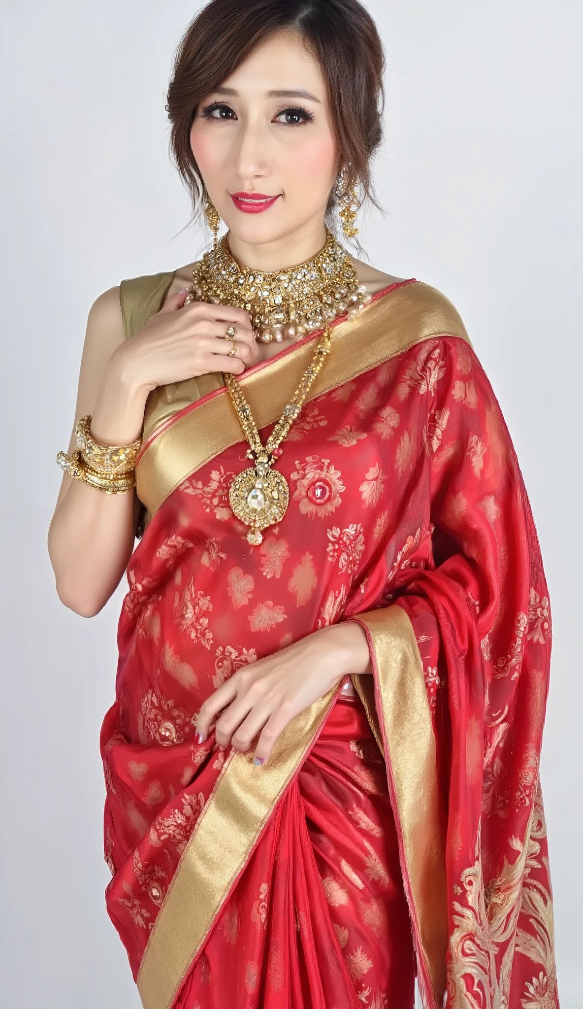 (masterpiece), best quality, 8k, UHD, photorealistic, RAW photo, extremely detailed skin texture, full body shot, portrait, 1 beautiful woman with a soft, healthy figure,plump body, (captivating smile), looking directly at the camera ,flawless makeup with (bold red lipstick) and perfectly defined eyebrows, hair pulled back elegantly, on the side, posing gracefully, one hand gently holding the drape of her garment, wearing a ((vibrant, rich red silk garment)) with a prominent metallic sheen and a wide, solid gold border, the fabric has intricate, self-woven traditional motifs, paired with a simple, sleeveless blouse in a solid metallic gold color, adorned with opulent, matching gold jewelry: a (very wide, intricate choker necklace) e of woven gold beads, large matching statement earrings, and a delicate (jeweled ornament) resting on her forehead, set against a plain, neutral studio backdrop, lit by soft, professional studio lighting, enhances the shimmering texture of the fabric