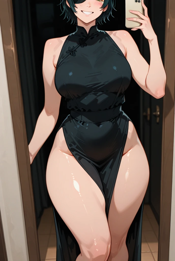 1 Woman, mature, High (1.85 cm), looks about 35 years old, has long black hair, straight and shiny, tied in the Chinese Taoist style, majestic black eyes, Extremely detailed eyes, perfect eyes, đôi mắt cực kỳ thực tế, balanced eyes, Long eyelashes, Anime style, perfect face, milf face, full red lips, mature, smooth white skin, natural body, sexy body, milf body, Perfect hands, detailed hands, arms in proportion to the body, đôi tay thực tế, arm with good anatomy, She was only wearing a navy blue lingerie set but still could not hide her extremely large and gigantic breasts. (cup I), very big breasts, four hands can lift,breasts sag due to their size, leggy, thick thighs, wide hips, wear black socks, full body drawing, have full arms and legs, look at the viewer, The background is a Chinese-style pavilion., pose alone, look at the viewer.