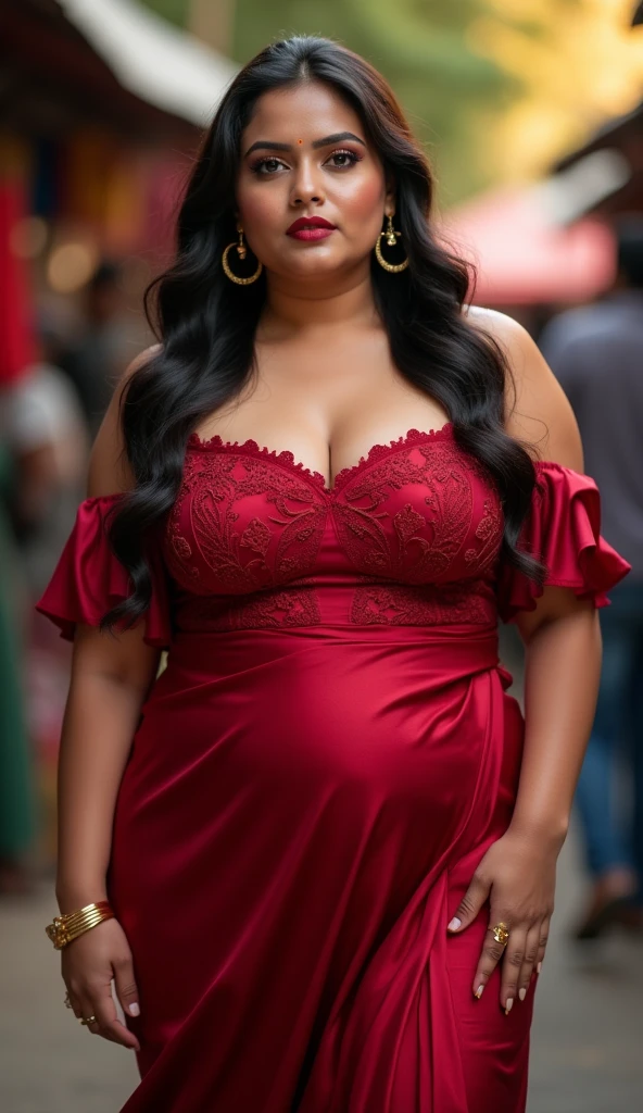 An indian plus size sexy aunty wearing dark red blouse and dark red skirt , she has big wide belly and fat legs