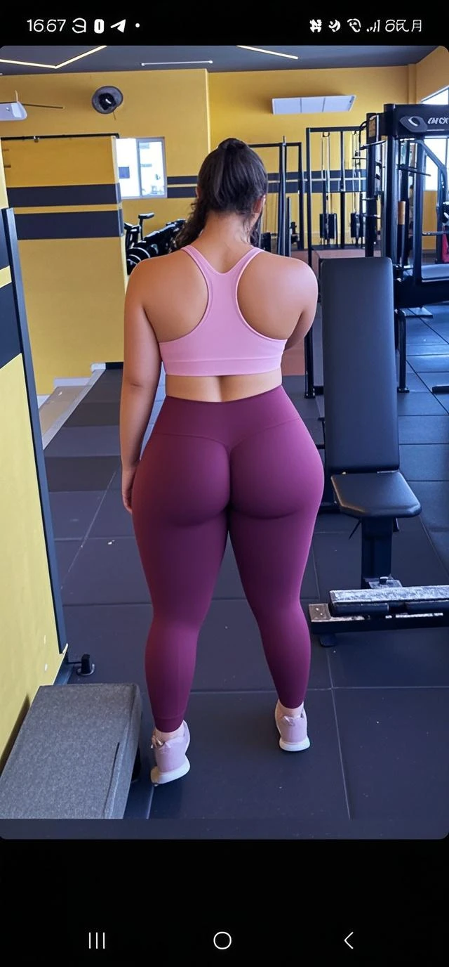 Big ass white girl, big legs, small waist, with light pink leggings, black hair, hourglass figure, sexy curves, delgado physique, small stature, braided bun hair
