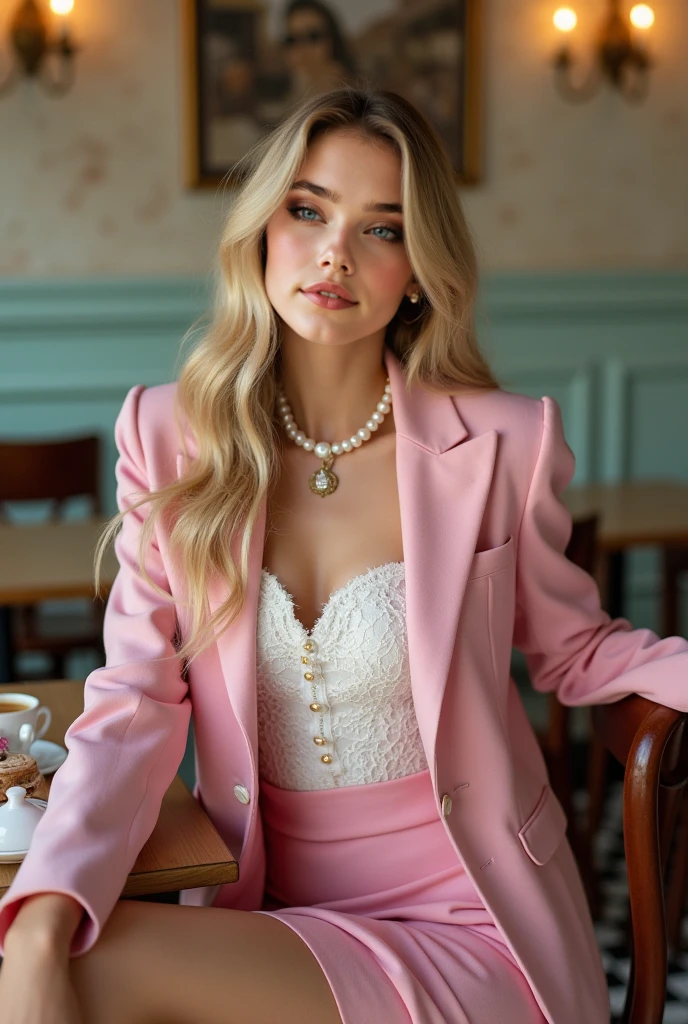 "(best quality,ultra-detalhado,Realistic:1.37),3D rendering,illustration,design de personagens,cabelos longos e loiro dourado ,belos olhos detalhados,sua boca e bem desenhada ,usando um vestido midi na cor nude com blaser rosa por cima ,Estilo Pixar,branca mulher,standing holding a syringe in her hand at a Disney beauty clinic,atmosfera chic,cores minimalista,luzes,seductiveexpression"