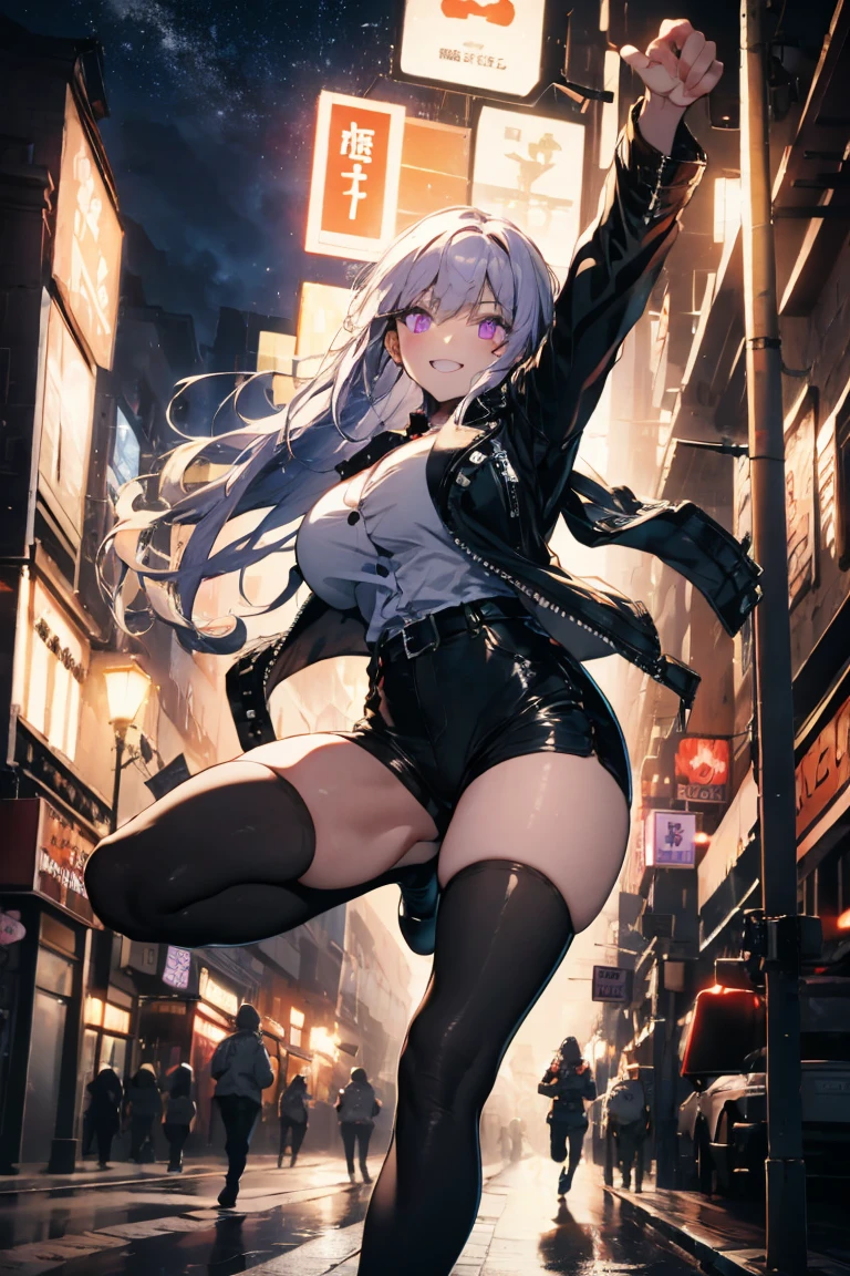 (masterpiece, best quality, detailed), 1girl, solo, looking at viewer, nagao kagetora, two-tone hair, white hair, black hair, yellow eyes,
short sleeves, black pants, black necktie, red shirt, red gloves, jacket on shoulders, black jacket, <lora:alley:1>, alleyway, industrial pipe, building, urban, power lines, cloudy sky, sign, dark, night, trash can, puddle, leaning forward, looking back, from behind, ass, smile, parted lips, seductive smile, smirk