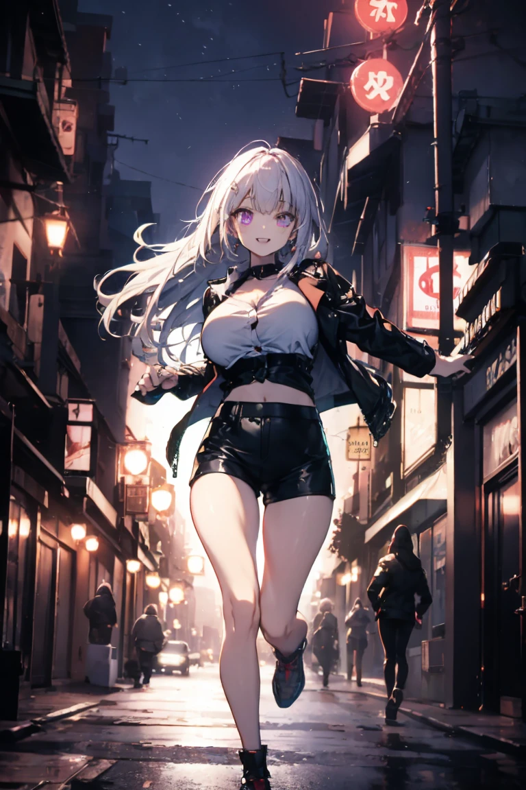 HighestQuali,tmasterpiece,Need,1girll,fullnude,(Wearing a black cape),(Wearing a black bikini),Heterochromic pupils,white color hair,High ponytail,(Carrying a giant sword behind his back),Ray traching,realistic detail,The streets of the city,nighttime scene,Vehicle lights,dingdall effect,(Stand cross-waist),ssmile,Extremely high image quality,groin,(Panties outline the camel toe),Details of the navel,Detailed panties,Details of the body,Details of the hand,Detailed bra(Erect )