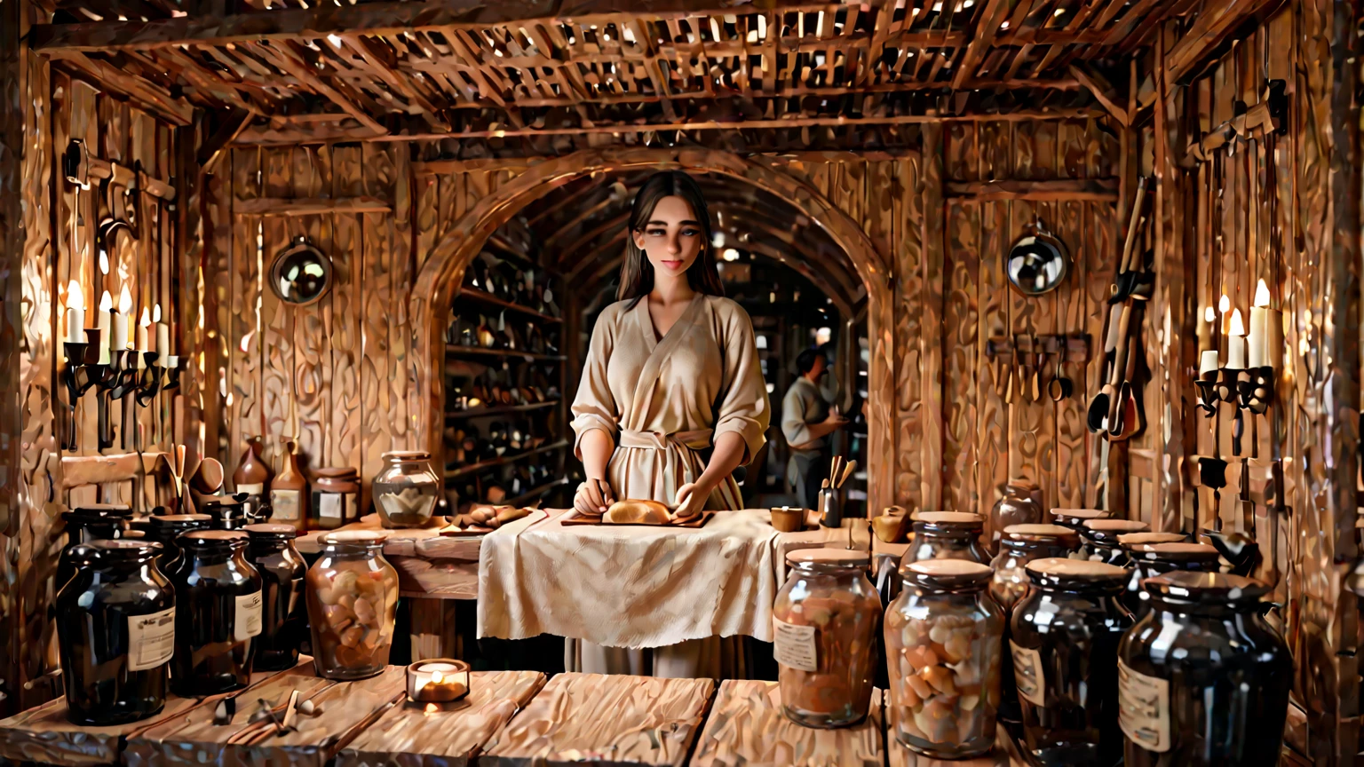 Seed: 1376124868, The woman is inside a medieval tavern. He's wearing brown leather pants., tight to the body because of being wet. She is wearing a wet, tight-fitting white blouse., showing her breasts through it.