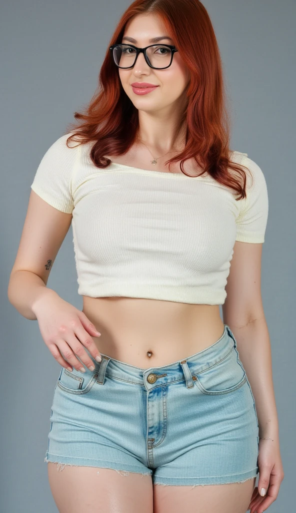 Beautiful woman with turquoise eyes, red hair, perfect eyebrows, perfect nose, perfect ears, profiled jaw, with small red freckles on the face, red lips and slim body, She is wearing a white t-shirt and low-rise jeans.