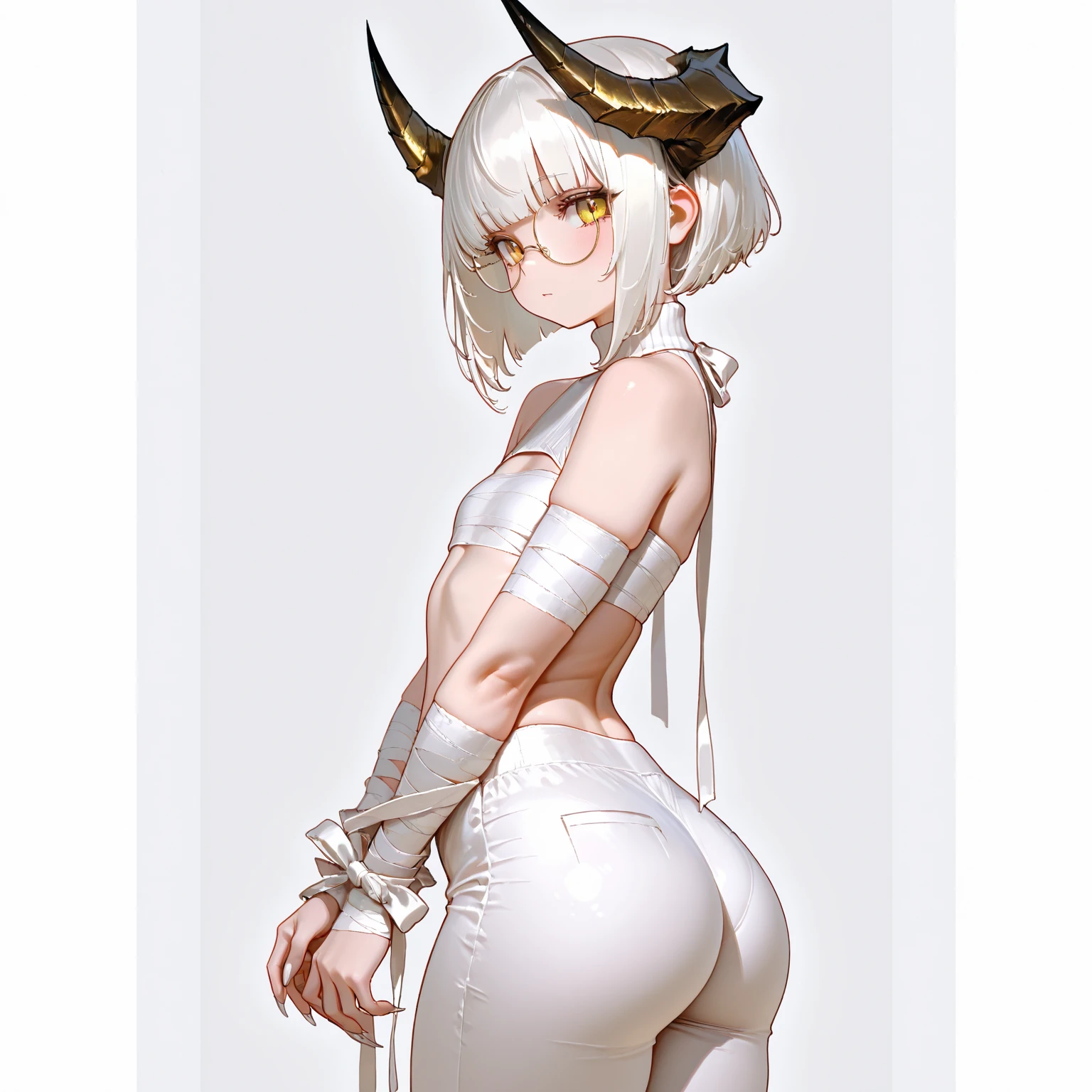 snow-white hair, bangs on one eye, Hairstyle with a braid, Highest Quality, Embossed horns, the anime, Yellow eyes, bunny suit, ssmile