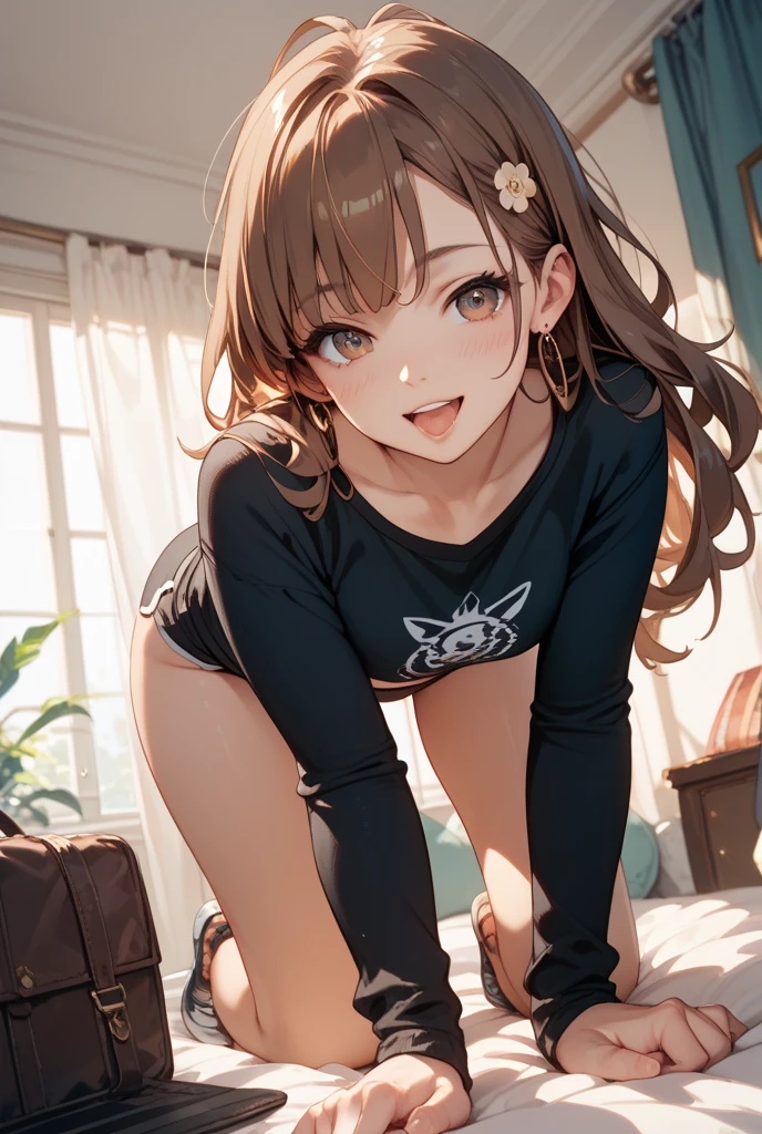 masterpiece,natsuiro matsuri,1girl,orange jacket,black camisole with light green ribbon,green hair ribbon,open shoulder,navel,ahoge,brown hair,green eyes,side ponytail,small breasts,flat chest,evil smile,holo live, bottomless, masturbation