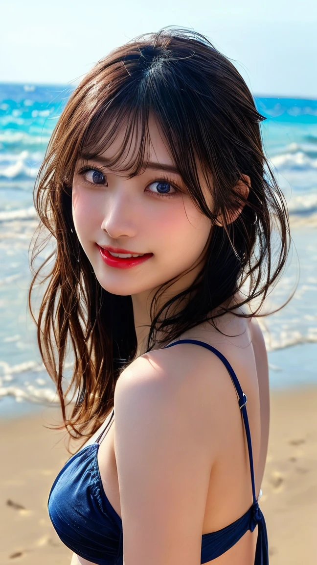 Perm Hair、((Highest quality、Tabletop、8K、Best image quality、Very complex and detailed))、(1 person photo:1.1)、(Look at me with your best smile:1.1)、(きれいなSandy Beach:1.1)、(Camisole:1.1)、(Full Breasts:1.1)、Accentuate your body lines、The most natural and perfect sea background、最も澄んだBeautiful sea、(Very large breasts:1.1)、(whole body:1.5)、Glamorous Body、Hair swaying in the wind、Sandy Beach、Beautiful sea、The clearest and most shining sea、Complex sea glow、The most detailed and realistic ocean、Beautiful seaの詳細が描かれています、(Very brightly lit face:1.2)、Ultra-high definition beauty face、(Ultra high resolution perfect beautiful teeth:1.1)、Ultra HD Hair、Ultra HD Shining Eyes、(Pure white skin shining in ultra-high resolution:1.2)、Super high quality glossy lip、The cutest gravure pose、(Very bright and vivid:1.2)、(Very bright:1.2)、(big_laugh:1.1)、(Glowing white beautiful skin:1.2)、(Very strong exposure:1.2)、(Pure white skin that shines Very brightly:1.2)、(Very strong highlights:1.2)、(Very bright and glowing skin:1.2)、
