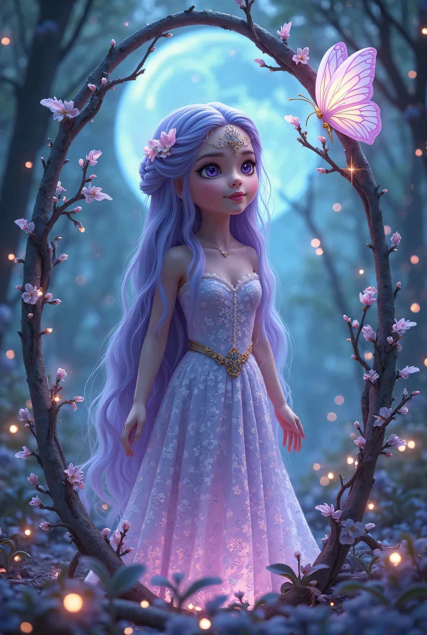 A charming artwork of a mystical and shimmering female character in a magical, moonlit landscape. The full-body view reveals her dressed in glistening purple and silver clothes that catch the light beautifully. Despite her short height, she captivates with her enchanting presence. Her medium-length purple hair and white eyes give her an ethereal, otherworldly charm. She holds an enchanted mirror, reflecting her timid and cute demeanor.

The background is an enchanted grove illuminated by soft moonlight, with sparkling dew drops on the grass and glowing flowers. Wisps of magical energy float in the air, and a gentle stream flows nearby, creating a serene and mystical atmosphere.
