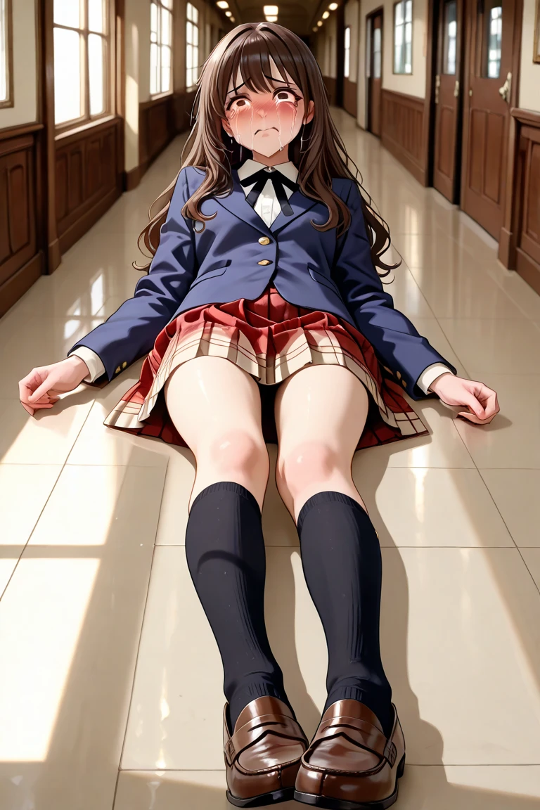 absurderes:1.8, ((beautiful clear eyes, sitting, outdoor, brown hair, arms behind back:1.3, from below)), ((school uniform, blazer, skirt、socks, loafers、showing panties, panties emphasis:1.6, white panties:1.4,))、(1woman), Unity 8K Wallpaper, Masterpiece, detailed hair, highly detailed, , (wicked smile), (blush:1.3)
