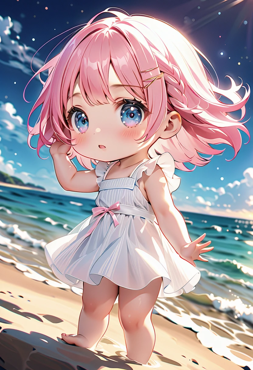 (8k, RAW photo, best quality, masterpiece, highres, absurdres, ultra detailed:1.3), (Photography, realistic, photo-realistic:1.4), (beautiful natural lighting, beautiful deatailed shadow, beautiful detailed glow :1.4), atmospheric,(chibi,full body:1.6),
BREAK 1 beautiful girl,Solo,(Cute:1.5),(Chibi:0.6),(Kawaii:1.5),(Loli:0.95),BREAK,(17yrs old girl),Very detailed,Colorful,Highest Detail,Clear Skin,Beautiful Skin,Shy,Very detailed,Colorful,Highest Detail,BREAK (heterochromia,blue eyes,green eyes:1.75),BREAK,(champagne pink hair,medium length:1.6),(twin braids,a little curl,one twisted braid,princess cut:1.3),(cleavage,big breasts,beautiful breasts:1.5),(long eyelashes,double eyelids:1.2),(:d,blush:1.4),(glossy Skin,Transparent,Beautiful Skin:1.45),
//Character
1girl,
BREAK
//Fashions
Hydrangea Silk Slip Dress,
Dress, slinky, silk slip dress in gradient of hydrangea-inspired hues, blending from deep purple at the top to pale pink at the hem, dress features plunging neckline and thin spaghetti straps, offering seductive, yet elegant look,
Details, Delicate, hand-embroidered hydrangea blossoms cascade down one side of the dress, adding texture and visual interest, dress has high slit on one side, revealing hint of leg with each step,
BREAK
Accessories, matching silk choker with small hydrangea charm, dangling earrings with floral motifs , thin, diamond-encrusted anklet,
Footwear, High-heeled sandals in metallic silver or gold, complementing the dress’s gradient colors,
Hair and Makeup, Hair styled in sleek, high ponytail or loose, messy bun, Makeup includes bold eyeliner, smoky eyeshadow in shades of purple and pink , bold, berry-colored lipstick,
BREAK
(looking up, superb view, ocean view, beach, wind, beautiful detailed sky, cumulonimbus, shining Big Dipper and red death star, Milky Way, shooting star, sky:1.6), shining stars, summer, (the Plough:1.65),
BREAK wakame,wakame,wakame,(cowboy shot, from front:1.4), BREAK manga illustration,manga style,