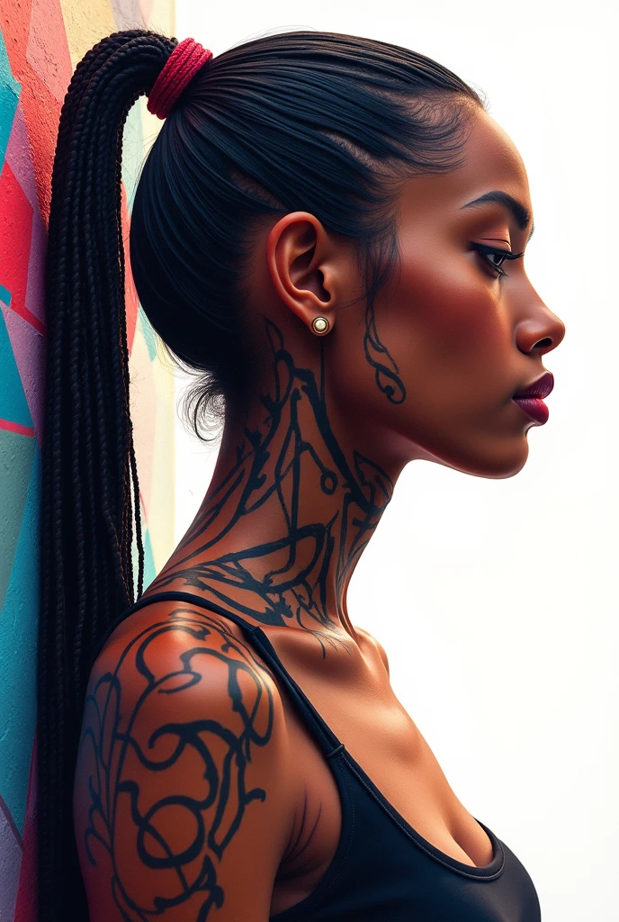 realistic portrait of an African American girl with a large detailed Sankofa tattoo on her back, fine details, black and grey tattoo, urban art style