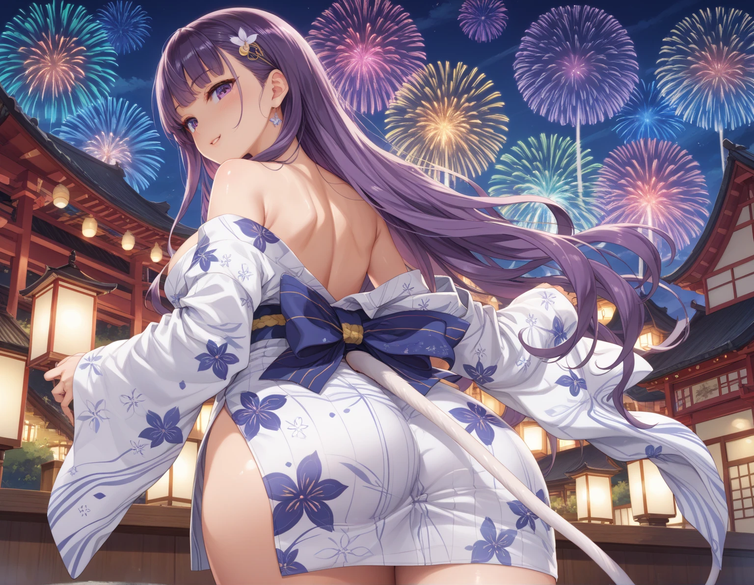 very aesthetic, masterpiece, best quality, solo, 1girl, <lora:camilla-xl-nvwls-v1:1> nyCamilla, hair over one eye, black tiara, cleavage, red and white kimono, black sash, red sleeves, wide sleeves, japanese architecture, large breasts, night sky, fireworks, smile