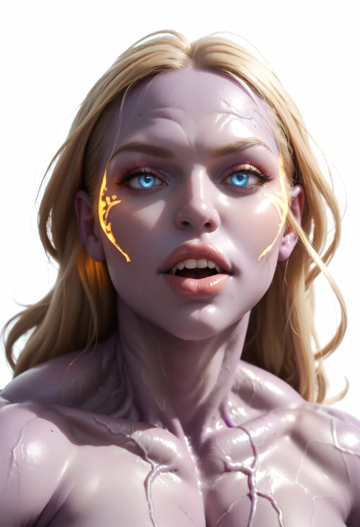 Realistic ((White background)) ((Russian girl)) ((Purple skinned alien girl)) , face (Deep Purple skin:0.8) long blonde hair, blue eye, Sharp face, 1 girl, rathing_explicit , sexy ,score_9, score_8_up, score_7_up, seductive, very long leg ((big breasts:0.6)) (strong) ,sexy , ((hyper muscular:0.4)), Gritting teeth , stressed ((Golden veins glowing:1.4)) , Golden power glowing , (Golden veins) ((look up:1.4)) , (lust) , orgasm (nude) (Bare)