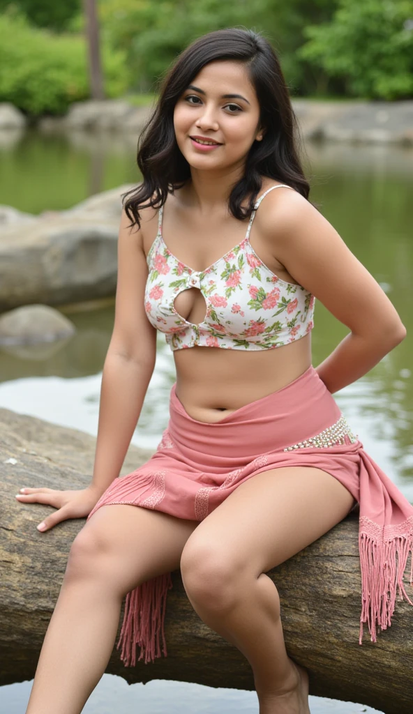 Day scene, extreme close up photo of a latina from top view, sleeping on a big rock and exposing boobs under waterfalls, wide open legs, wearing red lace bra and saree, perfect figure, wet navel, wet swooping breasts, deep cleavage, ponytail, necklace, look at viewer and smile, (cinematic:1.3), intricate details, (ArtStation:1.2)