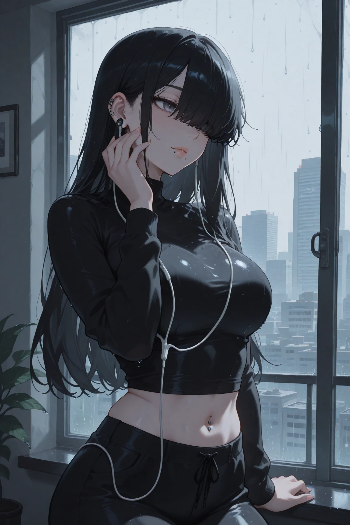 1girl long straight black hair, black eyes, Straight bangs covering the forehead, Black cropped hoodie, flared skinny jeans, black sneakers, Slanted eyes, mole under each eye, selfie next to the airplane window, sign of love and peace, serious expression, "Giant breasts" + "large rear" + "wide hips" + " tiny waist" + "plump thighs" +"Red Lips" + "Lucious Lips"
