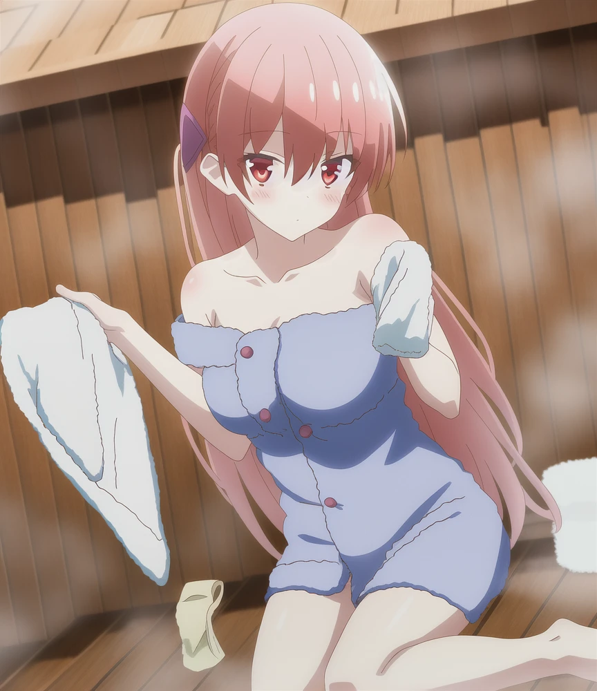 (8k, RAW photos, top quality, masterpiece: 1.2), (realistic, photorealistic: 1.37), (High Quality), (Ultra realistic), (High Details), (Face detail), (Shadow Detail), (Big breast : 1.5), 1 girl, solo, bangs, Blue eyes, Pink hair, hair ornament, hair between eyes, Long hair, Pink Lips, Blush, (Ultra Face Detailed), White Towel, Body towel wrap, Long Legs, (Wide Hips), Candid, Hitori Gotou (Bochi The Rock), (Hand detailed), Fingers Detailed, full body