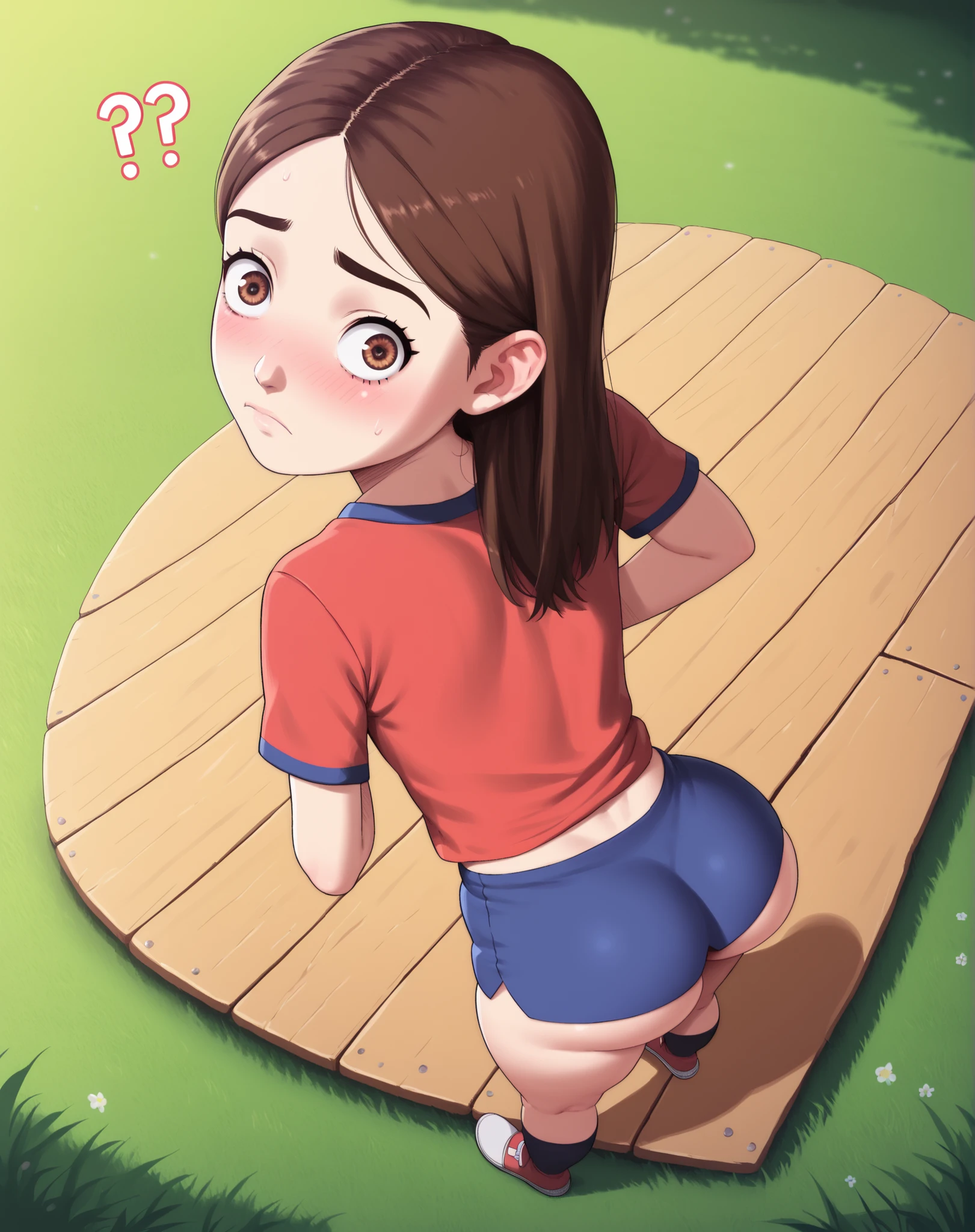 Munshior, small, shortstack, , minor, underage, underaged, immature, Juvenile, cute girl, developing body, earlyteens, , ta, child, childish, , from above, nervous, confused, blushing, she is looking at the pervert, middleschool girl, playground in grass background, s in the background, full body, Long-haired, brown hair, amount, almond shaped brown eyes, flat chest, short dress, wedgy, wedgie, light leaks, Butt, pale skin, good proportions, realistic proportions,