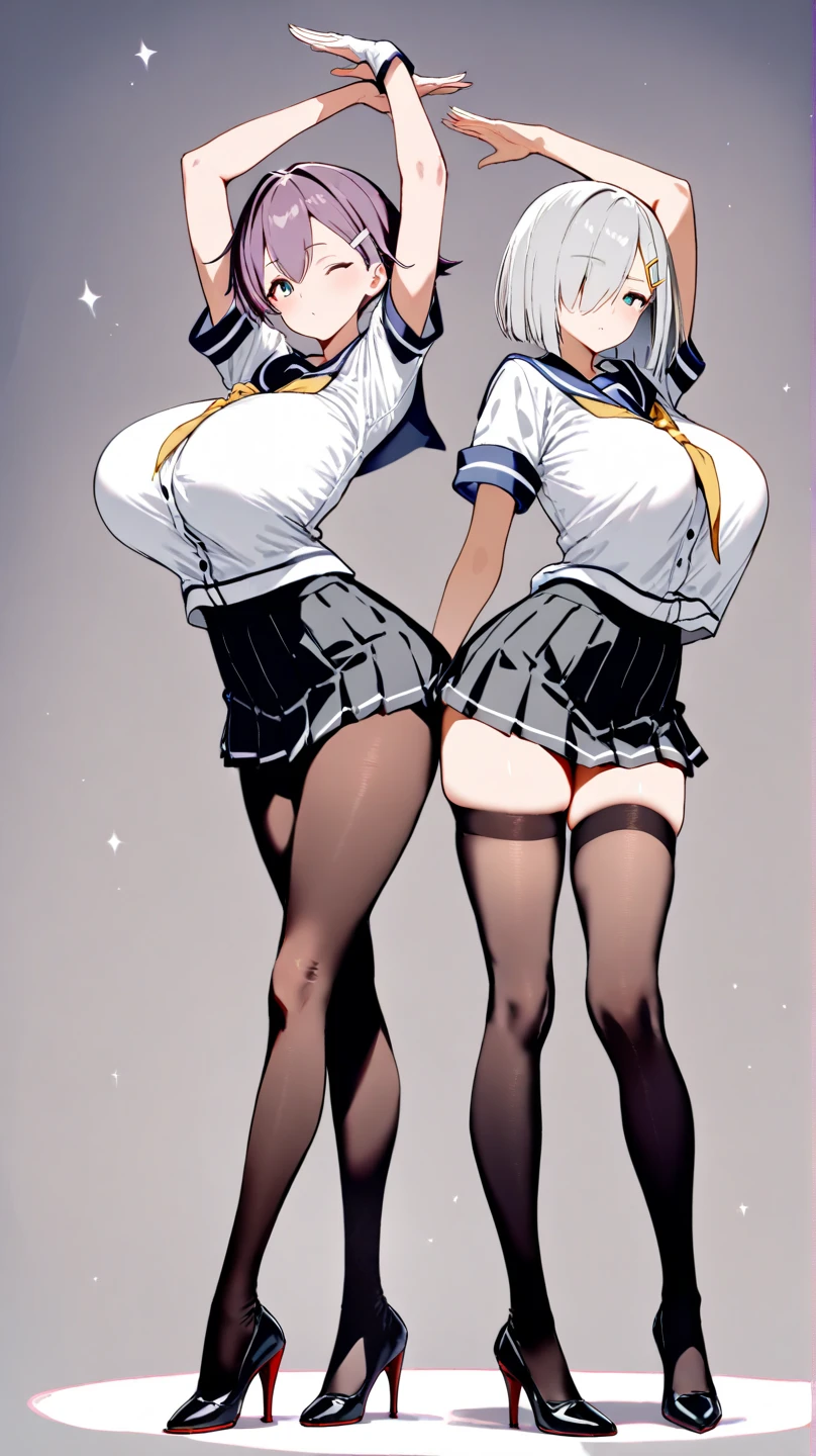 beautiful detailed, finely detailed, perfect anatomy, Full Body, two girls couple, {{straight long silver hair with sharp bang, emotionless smile with blue eyes, slender body, tiny breast, Big butt, black metal clothes showing navel, blue denim hotpants, knee-high iron boots}}, {{black curly Short hair, Smile with black eyes, glamourous body, Big breast, long waist, blue shirt with long cotton blazer, black Pantyhose without pants, Short blue footwear}}