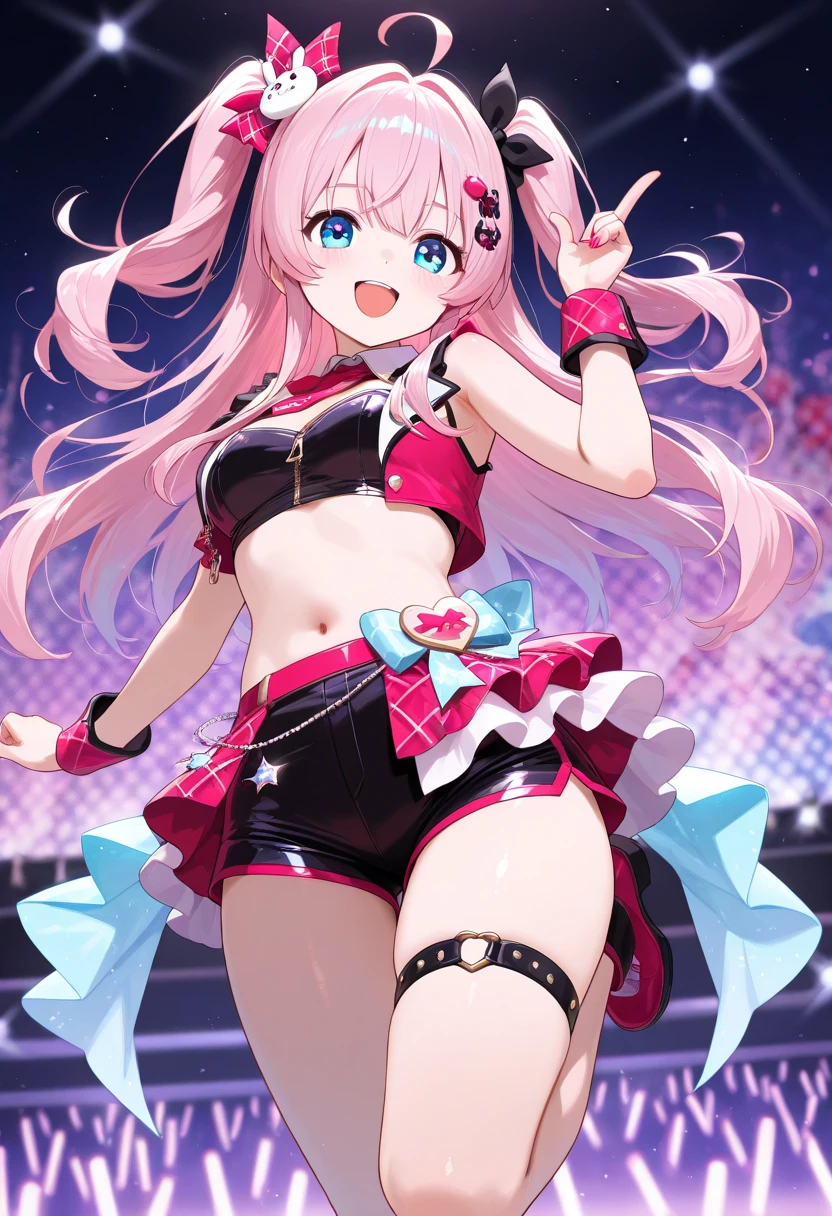 masterpiece, best quality, 3d, 1girl, solo, pink hair, long hair, twintails, bikini, hands on hips, sky, cowboy shot